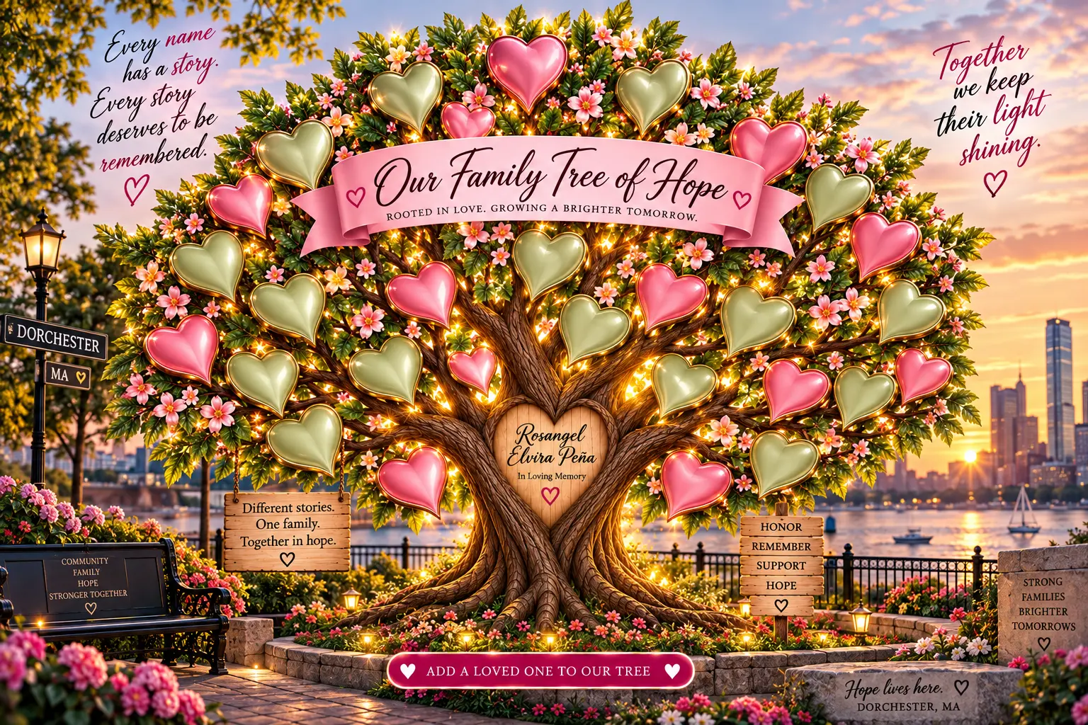 Our Family Tree of Hope — a blossoming tree with heart-shaped leaves honoring loved ones