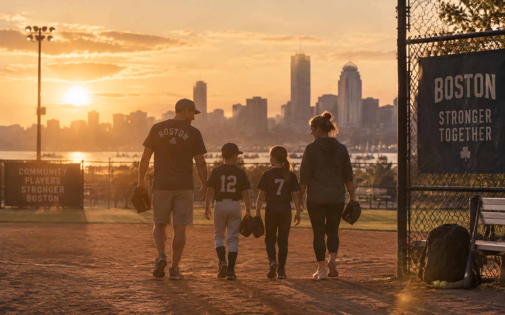 A Boston family walking off a softball field at sunset